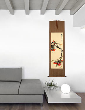 Birds and Persimmons Wall Scroll living room view