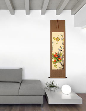 Mountain Flower Brilliance - Chinese Bird and Flower Wall Scroll living room view