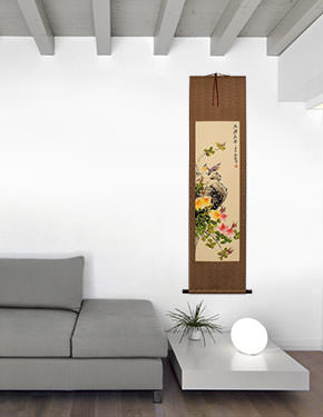 Scent of Flowers and Bird Song Wall Scroll living room view