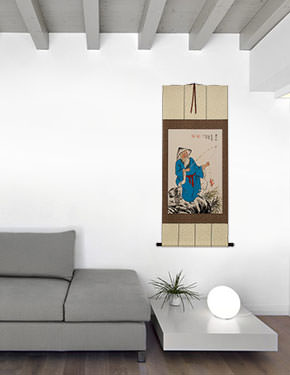 Old Wise Man Fishing Wall Scroll living room view