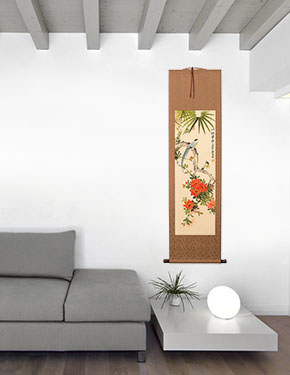 Wind Blows Fragrant Flowers - Bird and Flower Wall Scroll living room view