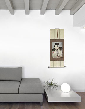 Three Beauties of the Present Day - Japanese Woman Woodblock Print Repro - Wall Scroll living room view