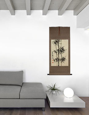 Large Black Ink Asian Bamboo Wall Scroll living room view