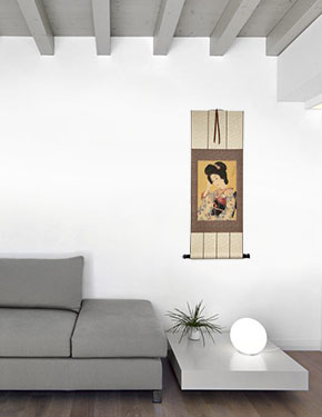 Departing Spring - Japanese Woman Woodblock Print Repro - Wall Scroll living room view