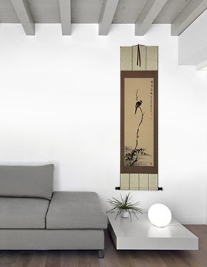 Shrike Perched in a Dead Tree - Deluxe Hand-Painted Wall Scroll living room view