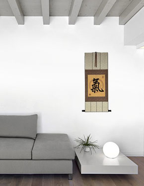 Spiritual Energy in Chinese and Japanese Kanji - Orange Print Scroll living room view