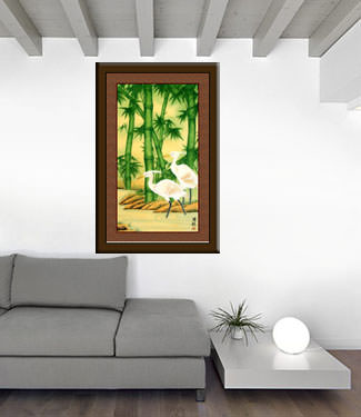 Egrets and Bamboo Large Vertical Painting living room view