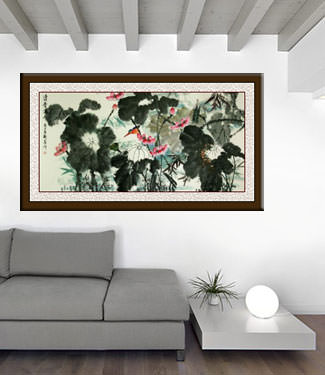 Traditional Freehand Chinese Lotus and Birds Large Painting living room view