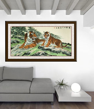 Chinese Tigers Take a Rest - Large Painting living room view