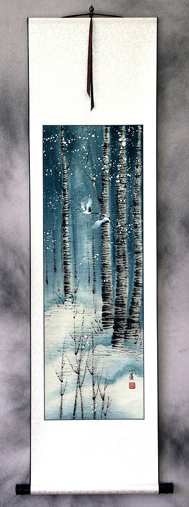 Birch Forest Winter Cranes Wall Scroll