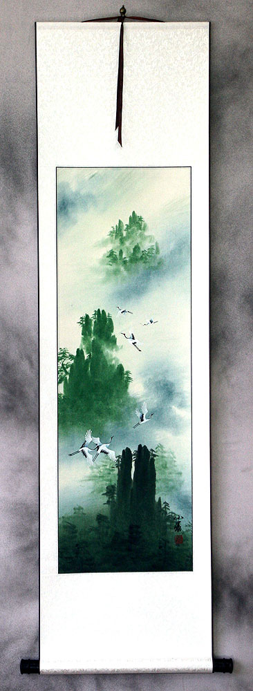 Colorful Asian Cranes Wall Scroll