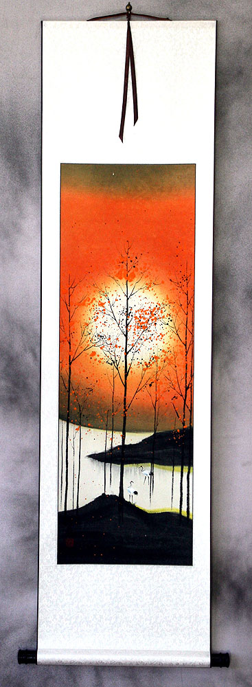 Colorful Asian Cranes Wall Scroll