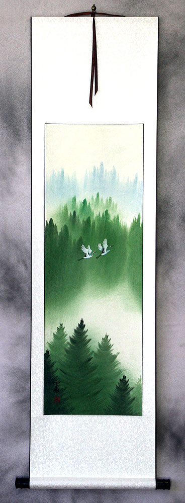 Colorful Asian Cranes Wall Scroll