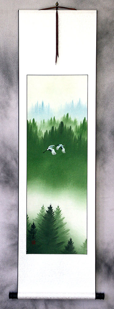 Colorful Asian Cranes Wall Scroll