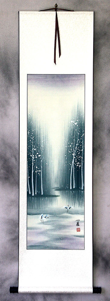 Chinese Cranes in Winter Wall Scroll