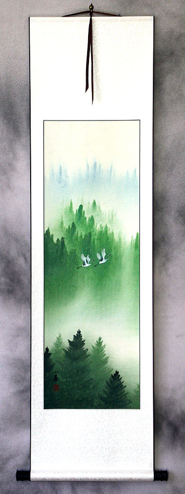 Companions Asian Cranes Landscape Wall Scroll
