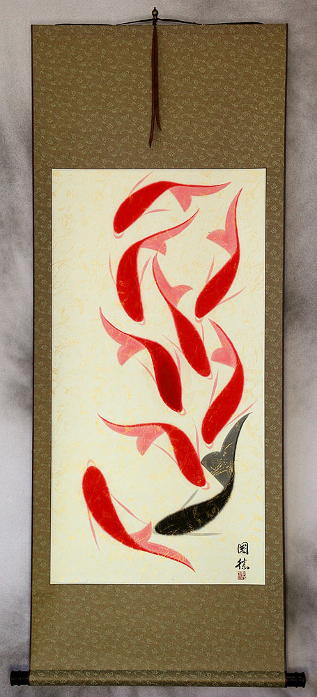 Huge Nine Abstract Koi Fish Asian Scroll