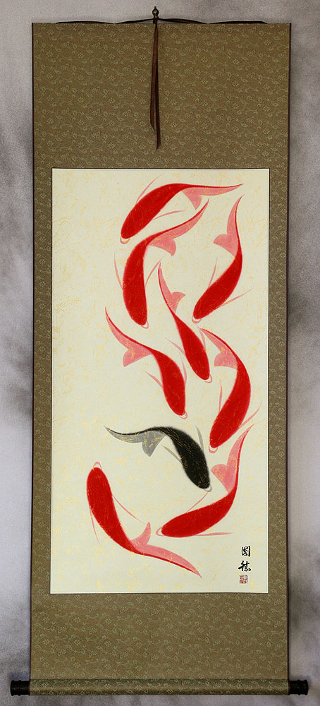 Jumbo Nine Abstract Koi Fish Wall Scroll