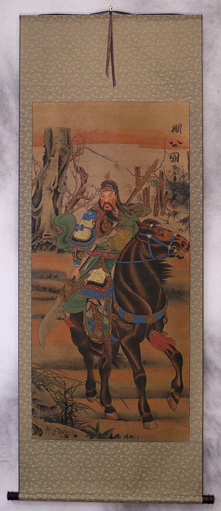 Warrior God Guan Gong on Horseback - Partial-Print Wall Scroll