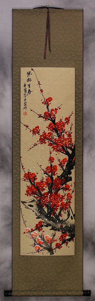 Vivid Red Plum Blossom Wall Scroll