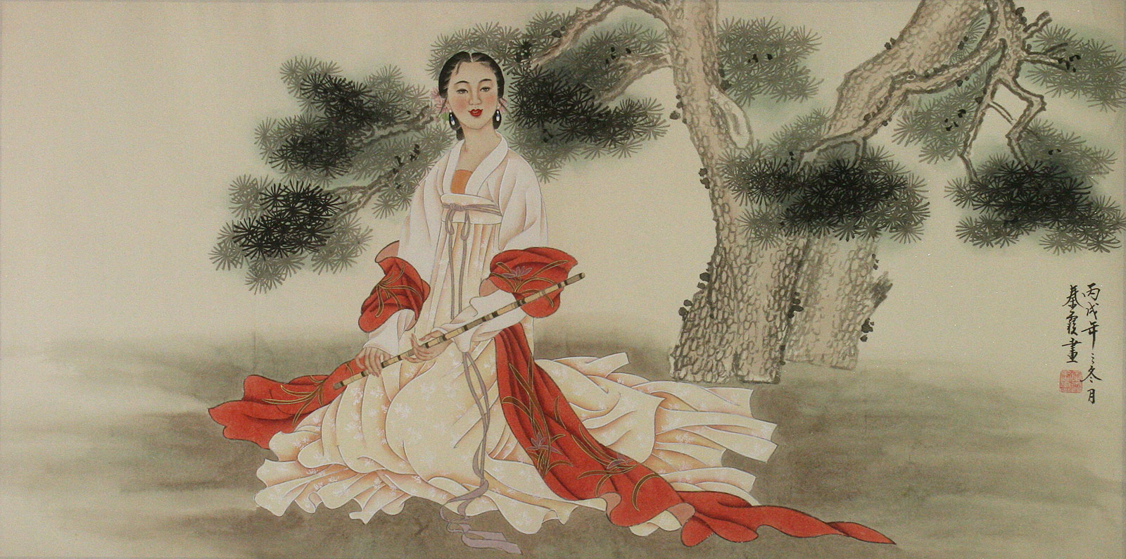 Woman and Flute - Large Painting - Chinese Artwork