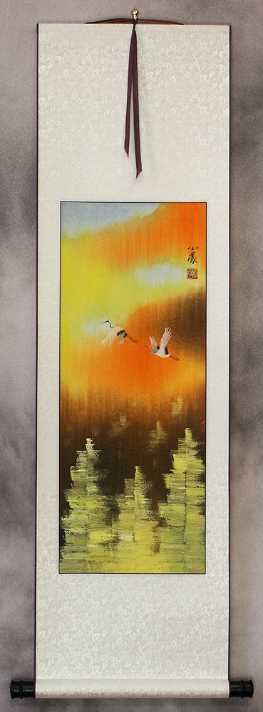 Cranes Taking Flight in Autumn - Small Wall Scroll