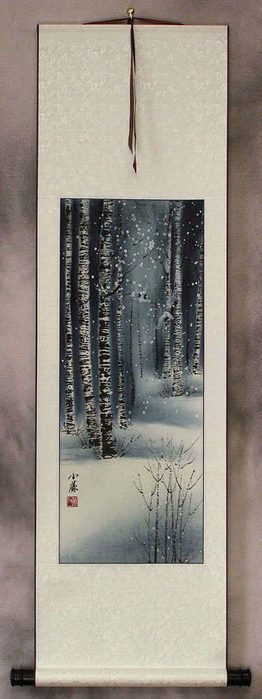 Birch Forest Winter Cranes - Small Wall Scroll