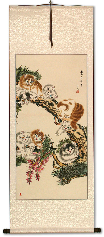 Kittens in Pine Tree - Large Wall Scroll