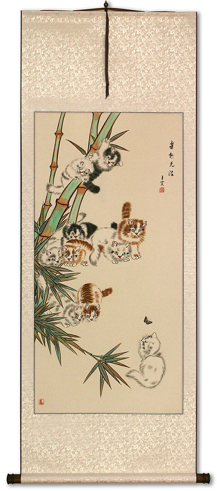 Ten Kittens in the Bamboo Wall Scroll