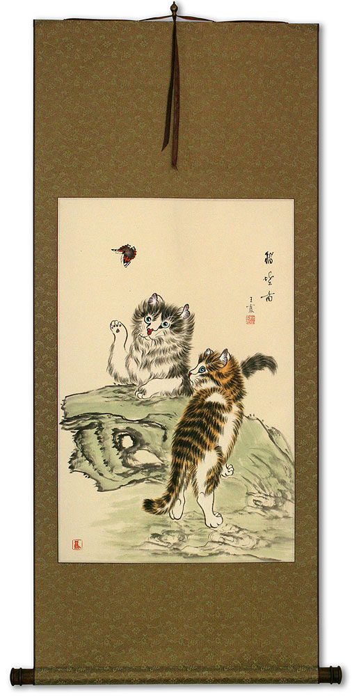 Naughty Chinese Kittens Wall Scroll