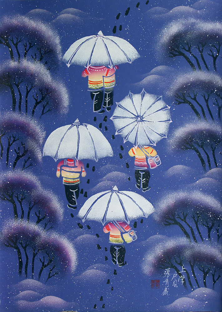 School Bound - Chinese Umbrella Folk Art Painting
