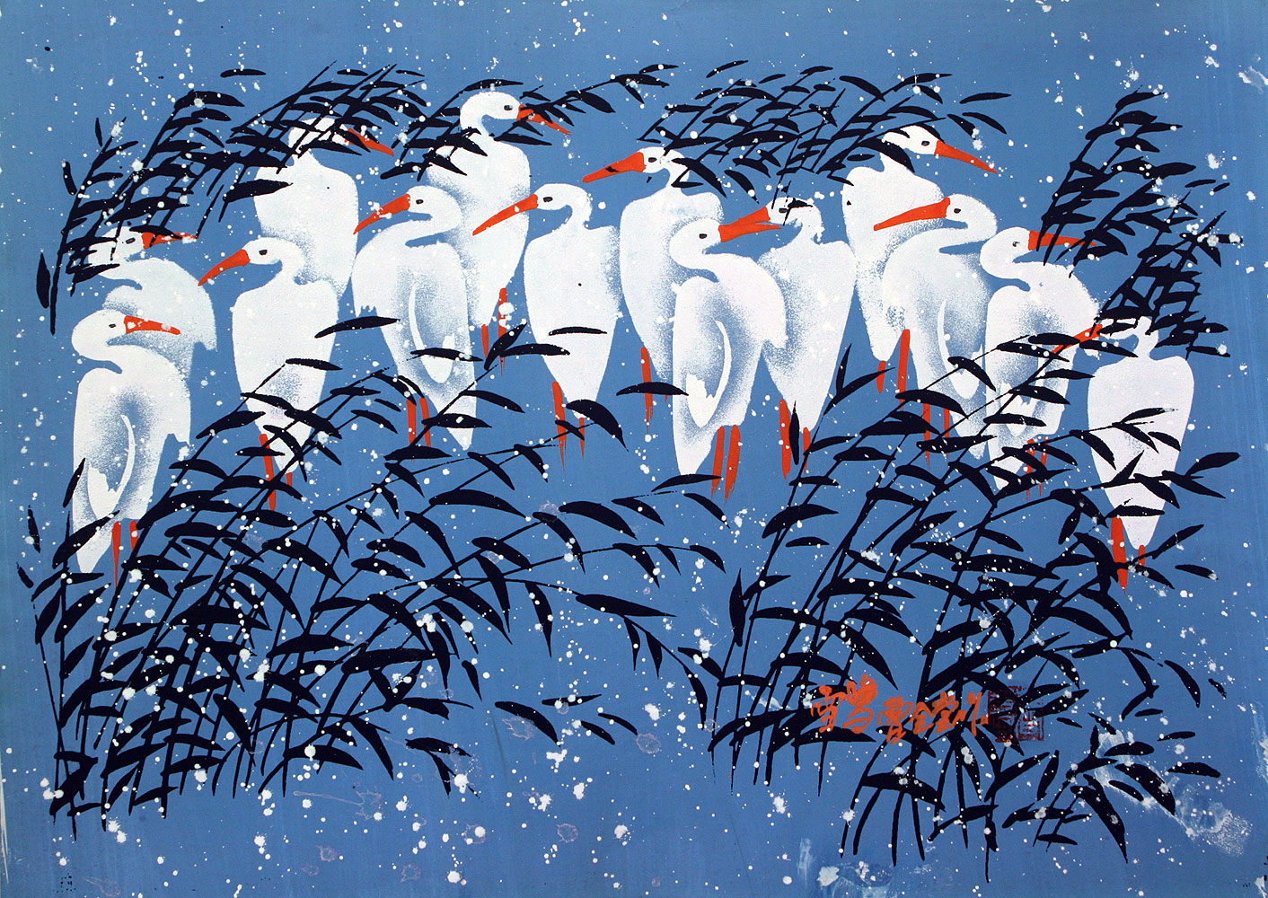 Snow Egrets - Winter Herons - Southern Chinese Folk Art
