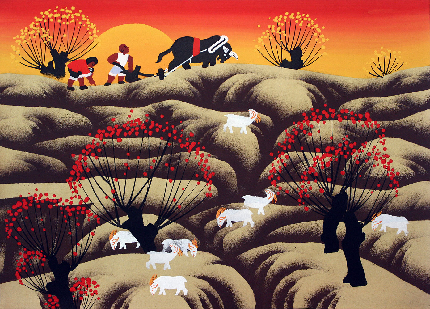Goats and Ox - Hillside Scene - Chinese Folk Art Painting