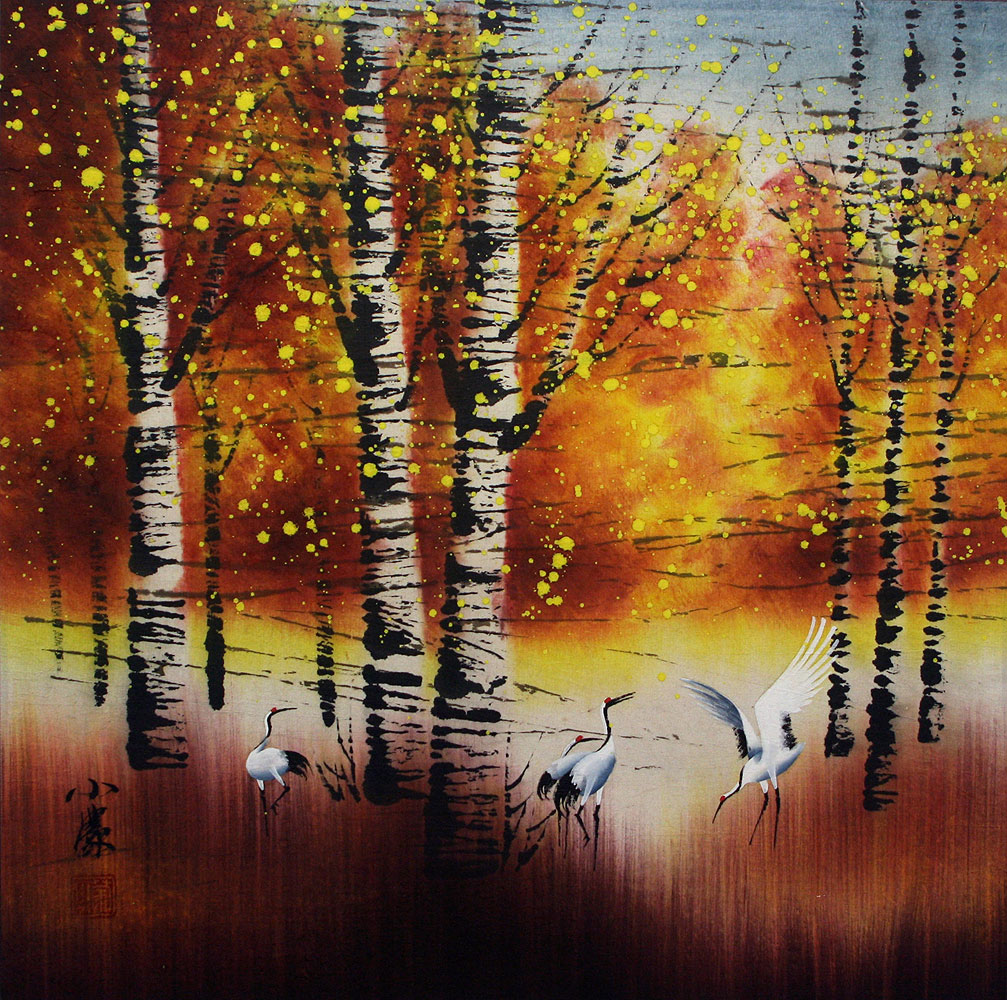 Birch Forest in Autumn - Asian Cranes Landscape Painting
