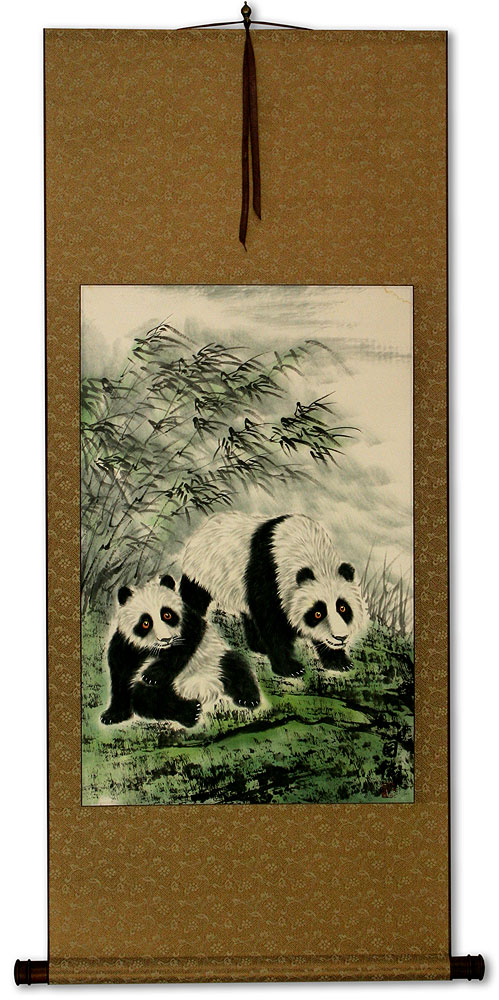 Fun-Loving Chinese Pandas Wall Scroll