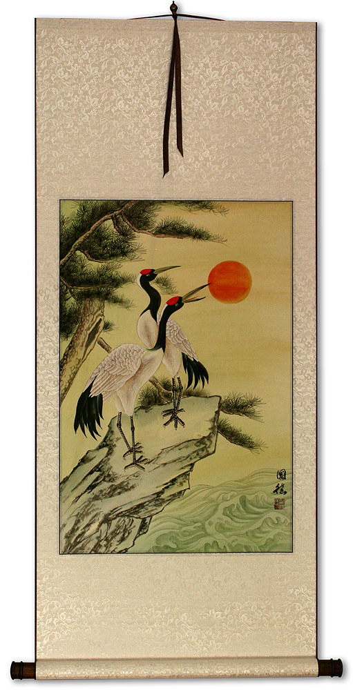 Antique-Style Chinese Cranes Wall Scroll