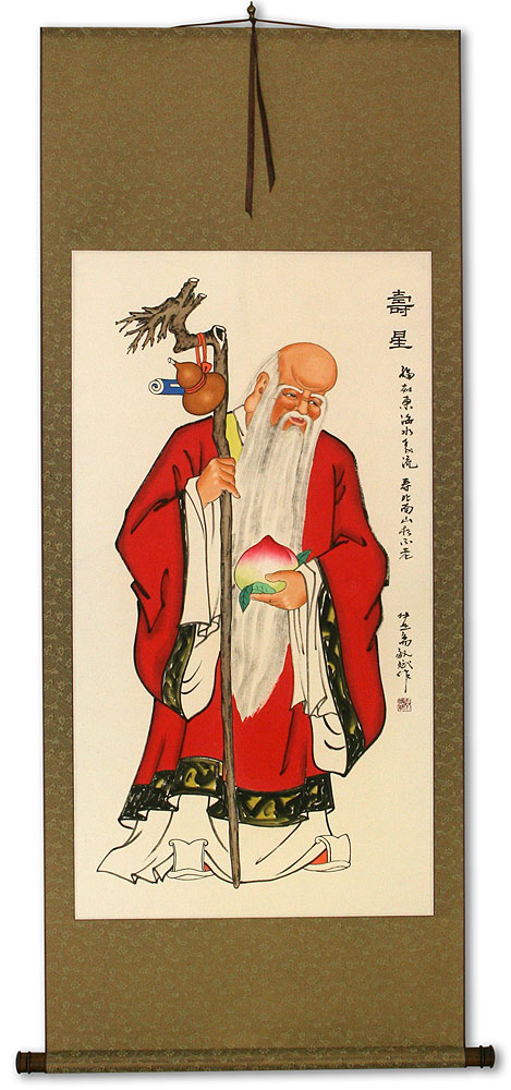 Longevity Saint Holding Peach - Chinese Scroll