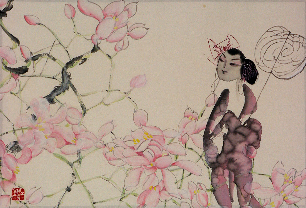 Abstract Woman and Flowers Chinese Modern Art