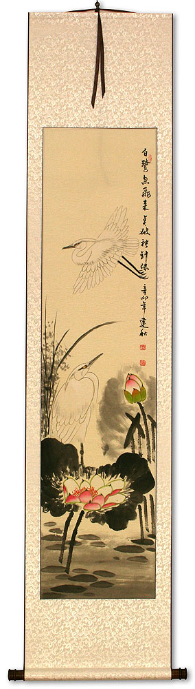 Lily Pond - Fragrant Lotus - Egret Birds and Lotus Flowers Wall Scroll