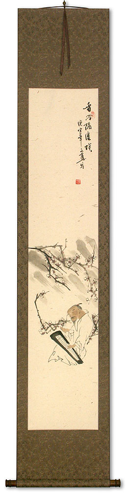 Old Man Playing the Guqin Among Plum Blossoms - Wall Scroll