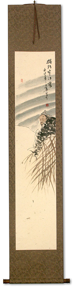 Lonely Old Man Fishing in Snowy River - Ancient Style Wall Scroll