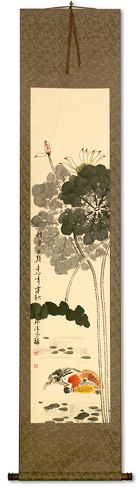 Mandarin Ducks & Lotus Flowers - Together Forever - Chinese Scroll