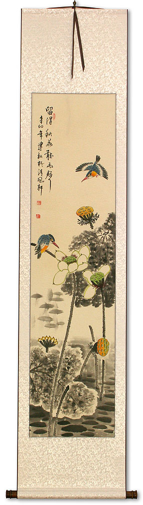 Kingfisher Birds in Lotus Pond - Wall Scroll