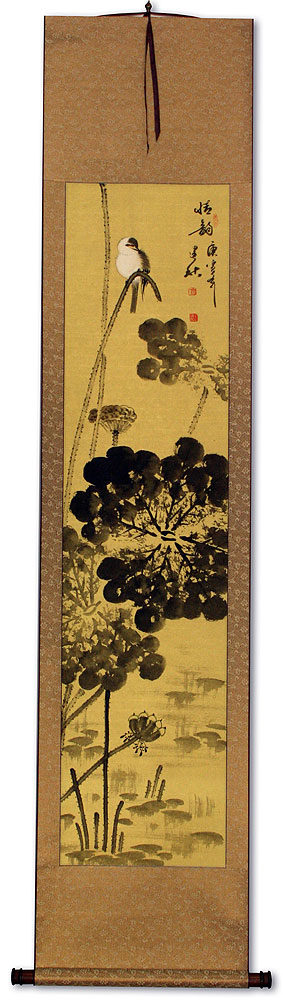 Beautiful Feeling - Bird Perched on Lotus Flowers Wall Scroll