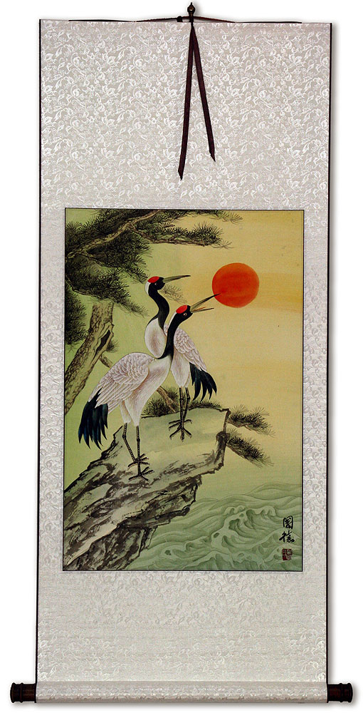 Ocean Cranes and Pine Tree Wall Scroll