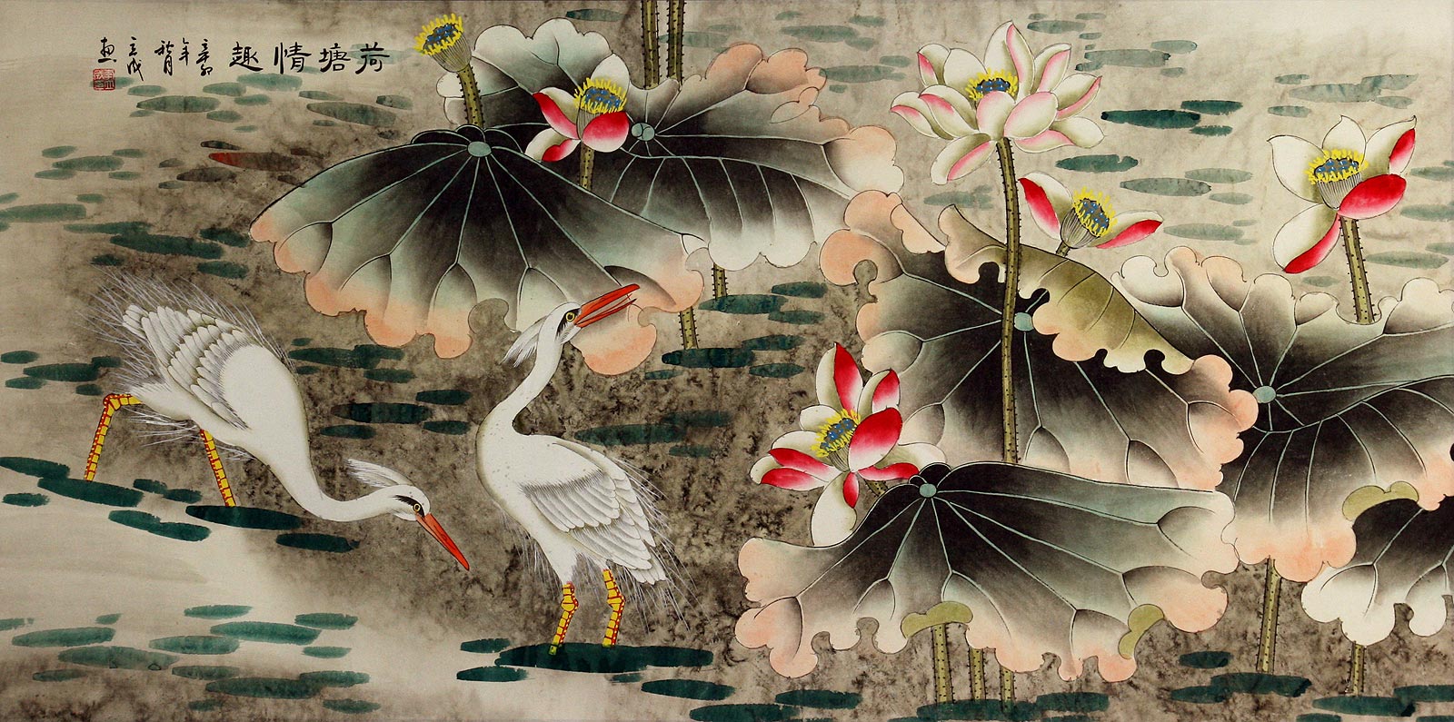 Elegant Egrets in the Lotus Pond - Large Painting