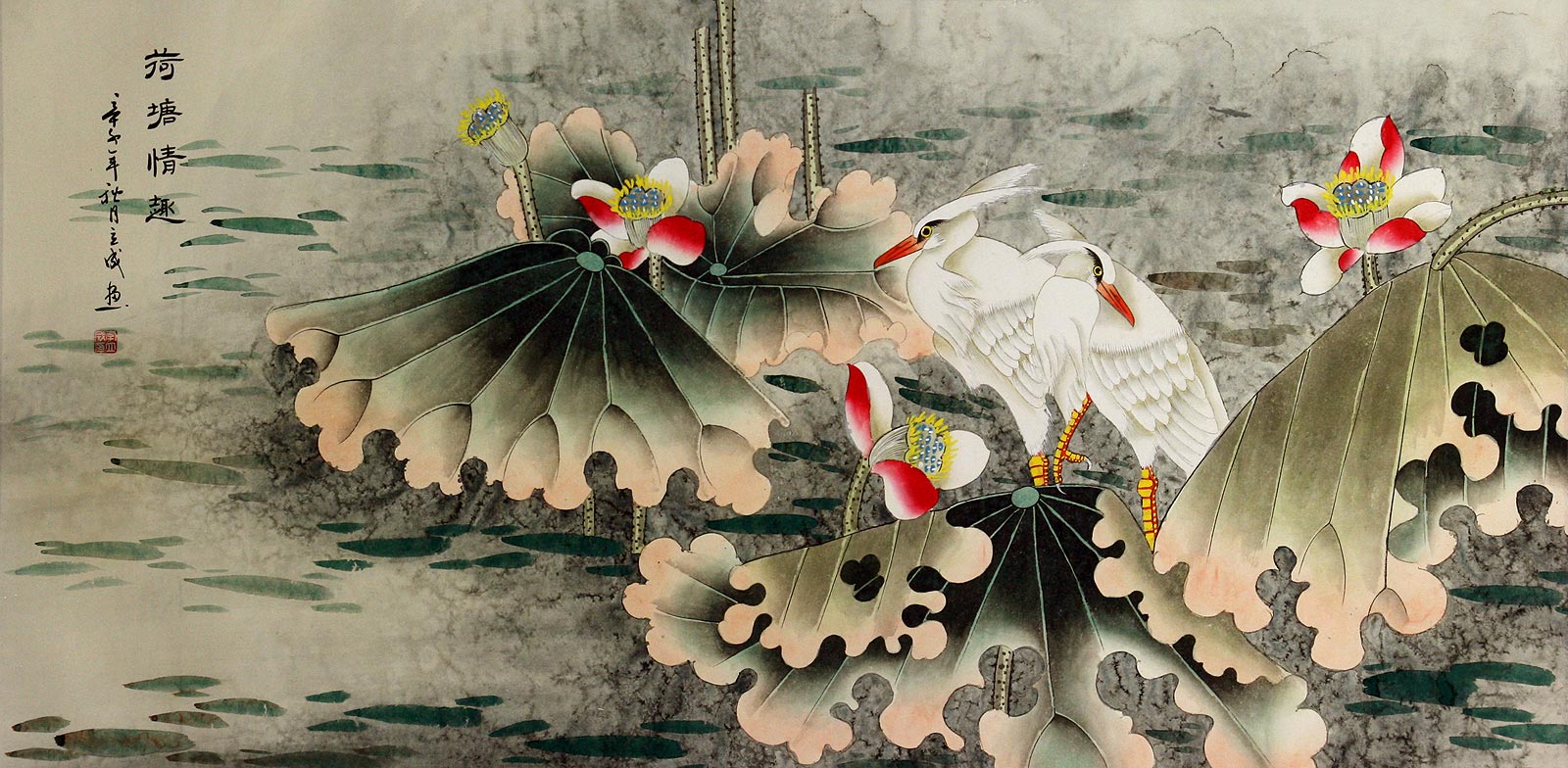 Sentimental Egrets in the Lotus Pond - Large Painting