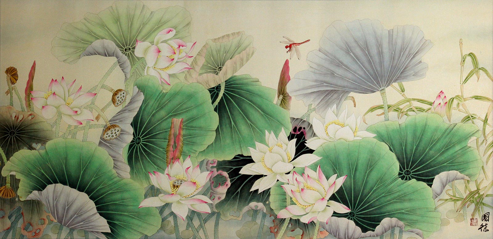 Lotus, Bamboo and Dragonfly - Beautiful Flowers Painting