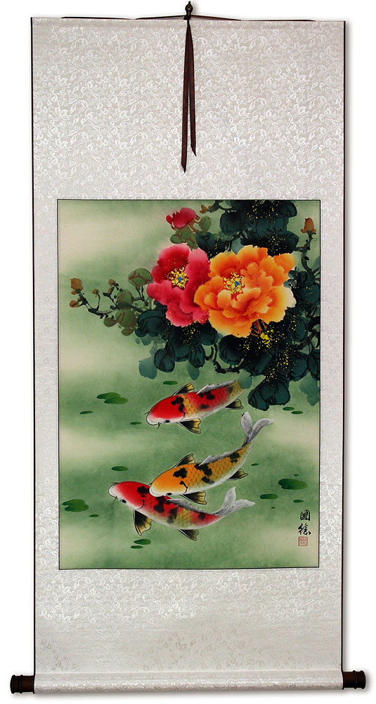 Koi Fish & Peony Flowers - Chinese Scroll
