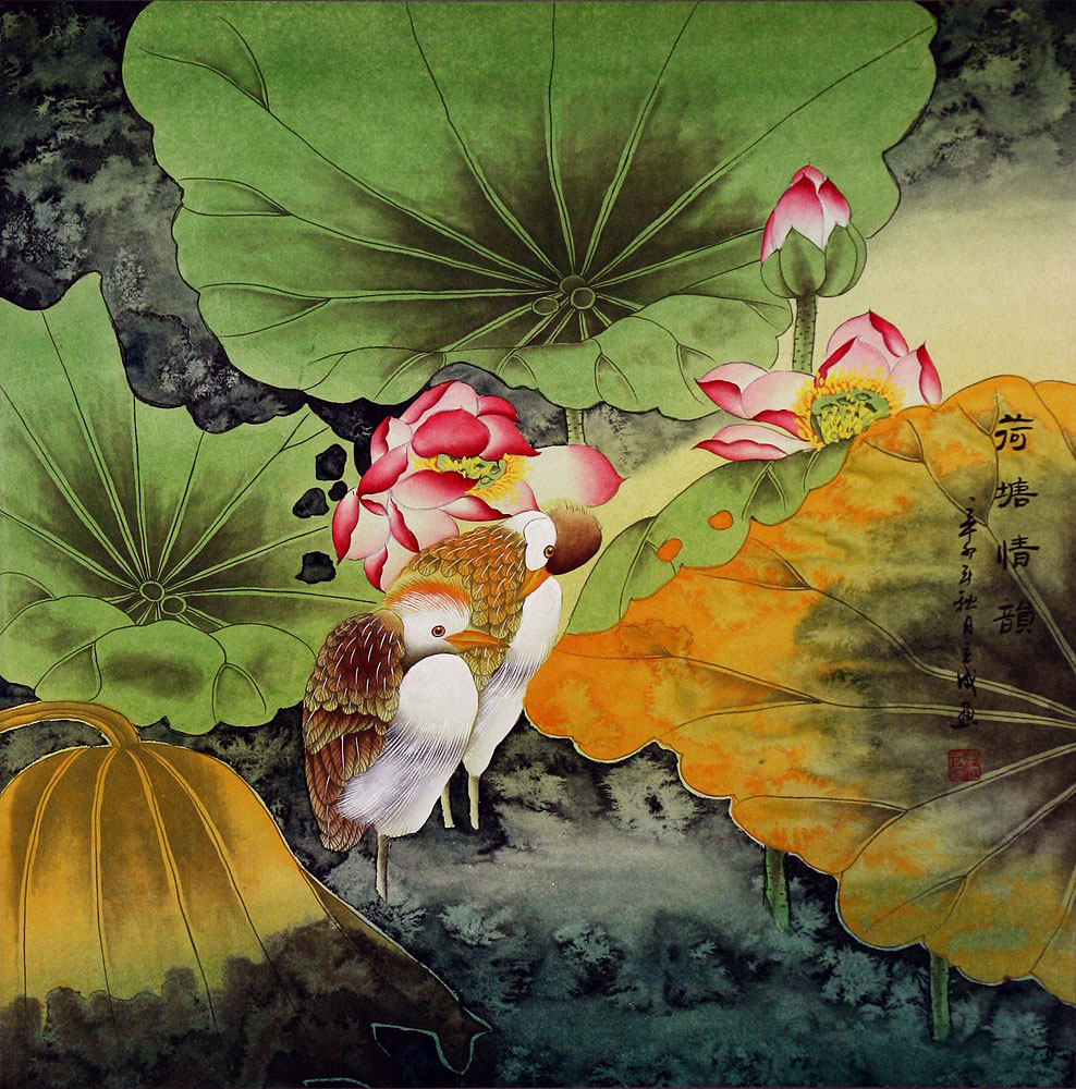 Egrets in the Lotus Pond - Elegant Large Painting